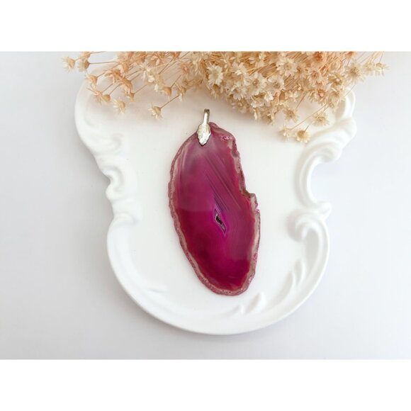 Pink Agate Sliced Geode Crystal Freeform Shaped Large Gold T Vintage Pendant - Picture 2 of 13